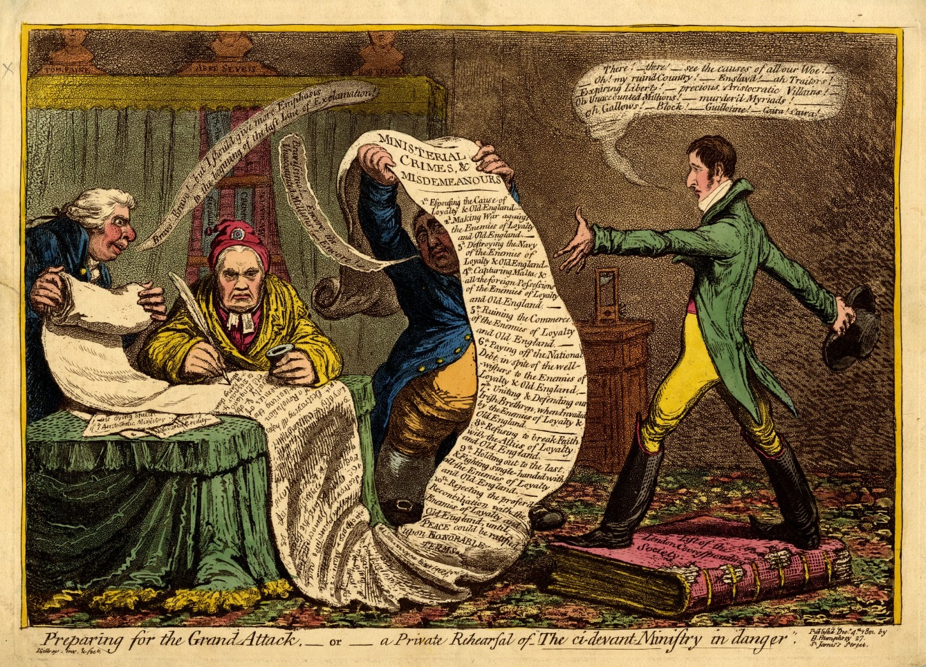 "Preparing for the Grand Attack. - or - a Private Rehearsal of 'The ci-devant Ministry in danger'" is a 1801 political cartoon by James Gillray. Sir Francis Burdett practices a dramatic reading of a speech written by John Horne Tooke on a scroll held by Charles James Fox and Richard Brinsley Sheridan. "Tom Paine" is among the busts seen in the background - American Philosophical Society