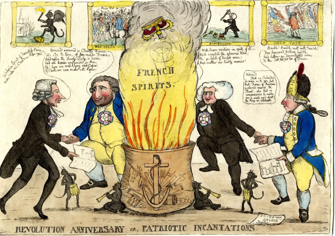 "Revolution Anniversary, or Patriotic Incantations" is a 1791 intaglio by William Dent. Four figures dance around a cauldron before the anniversary of the fall of the Bastille. Chemist Joseph Priestly is holding Rights of Man and invoking the spirit of Thomas Paine - American Philosophical Society