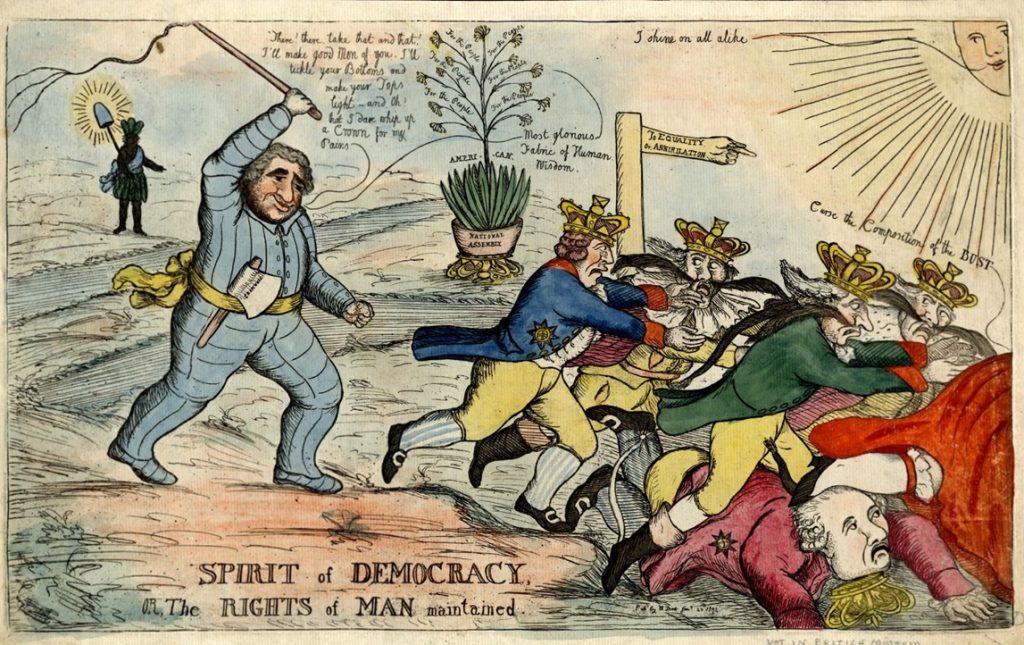 "Spirit of Democracy or the Rights of Man maintained" a cartoon by William Dent from 1792 shows Charles James Fox, as Oliver Cromwell, wave a whip and drive the allied Kings in the direction of a sign inscribed: "To Equality or Annihilation" while an allegorical America, as "Indian Queen" with liberty cap and pole, looks on - American Philosophical Society