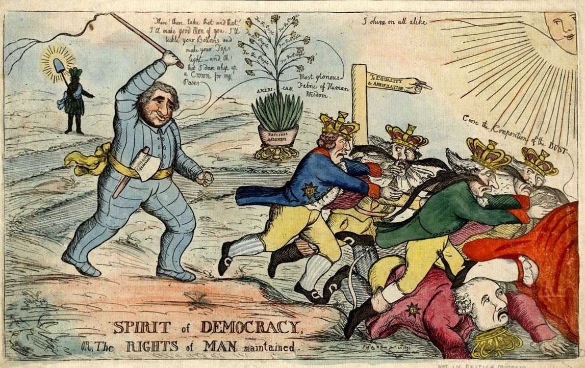 "Spirit of Democracy or the Rights of Man maintained" a cartoon by William Dent from 1792 shows Charles James Fox, as Oliver Cromwell, wave a whip and drive the allied Kings in the direction of a sign inscribed: "To Equality or Annihilation" while an allegorical America, as "Indian Queen" with liberty cap and pole, looks on - American Philosophical Society