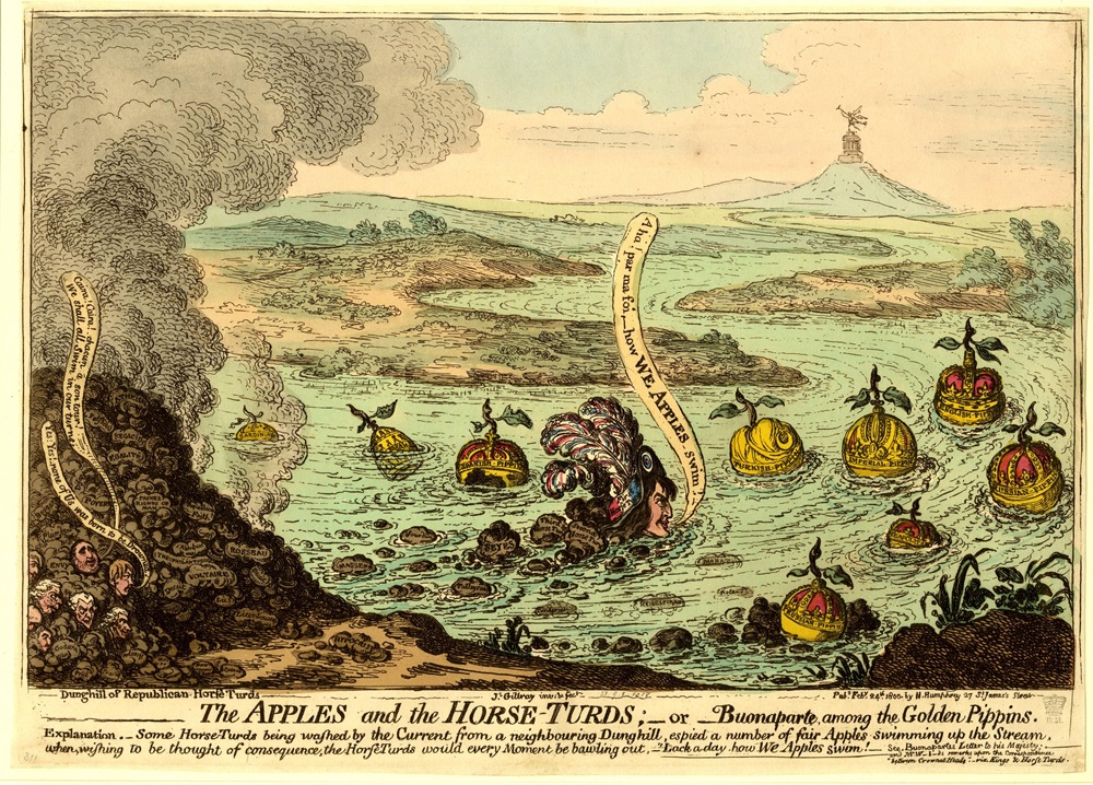 "Tha apples and the horse-turds; -or-Buonaparte among the golden pippins" a 1800 political cartoon by James Gillray attacking Napoleon and the French Revolution. A dunghill is composed of inscribed fragments of dung including one that reads 'Paines Rights of Man' - © The Trustees of the British Museum