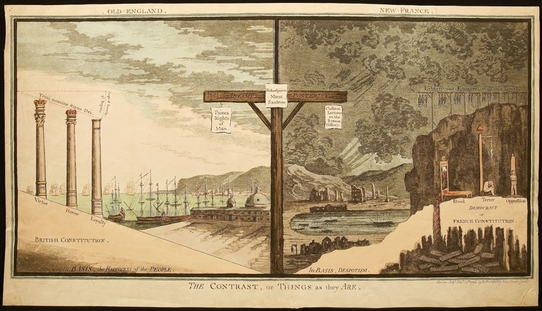 "The Contrast, or Things as they are" a 1796 cartoon by James Gillray shows a bright and stable Old-England contrasted with a gloomy, corpse-filled New-France. From the gallows that stands at center dangles a sign inscribed "Paines Rights of Man" - American Philosophical Society