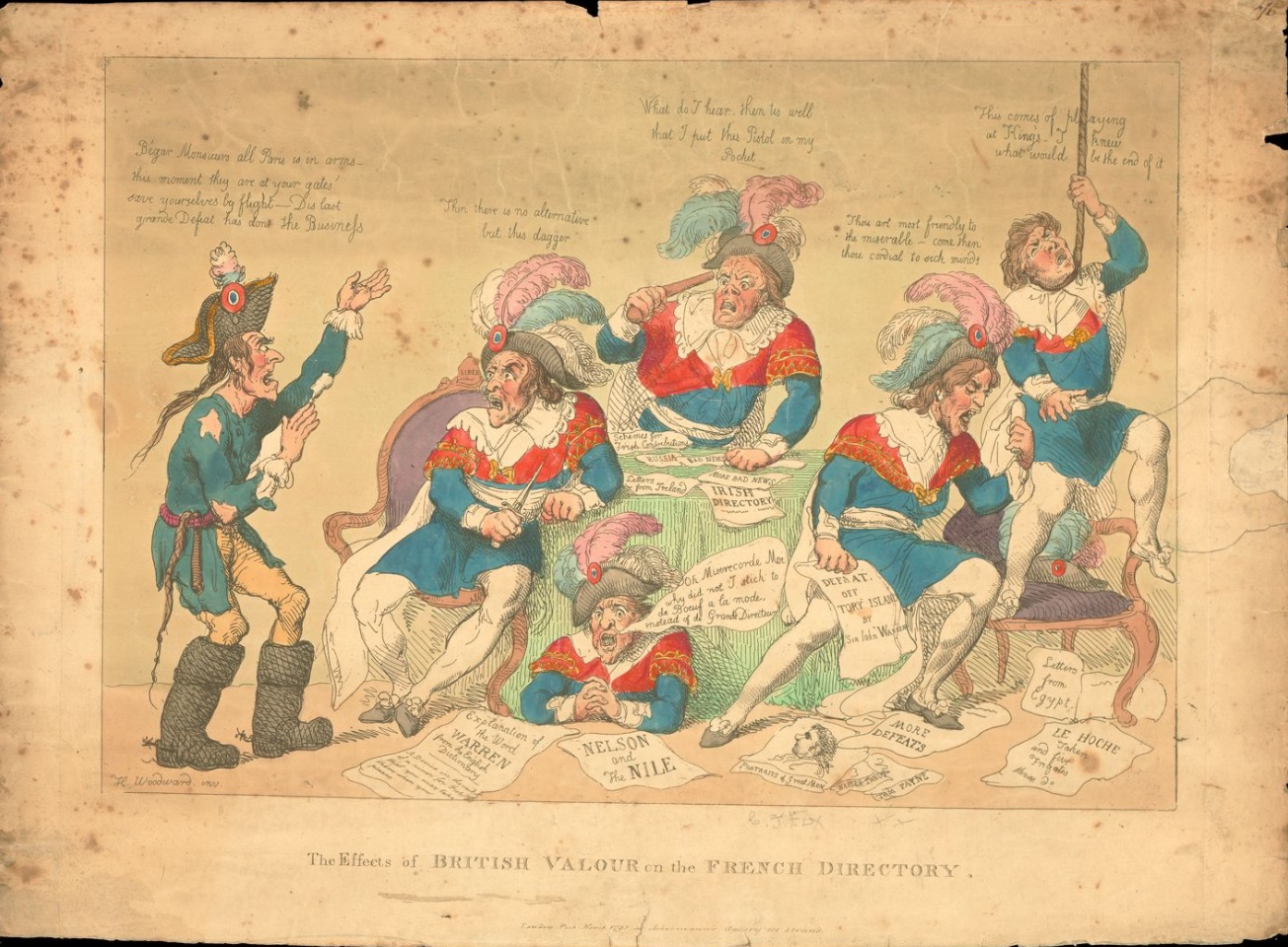 "The Effects of British Valour on the French Directory" a 1798 political cartoon by George Moutard Wooodward shows the five Directors, dressed in official costume of red capes and plumed caps, contemplate suicide upon receiving news of a new British defeat. Among the papers scattered on the table and floor are a caricature of Charles James Fox and a paper inscribed "Tom Payne" - American Philosophical Society