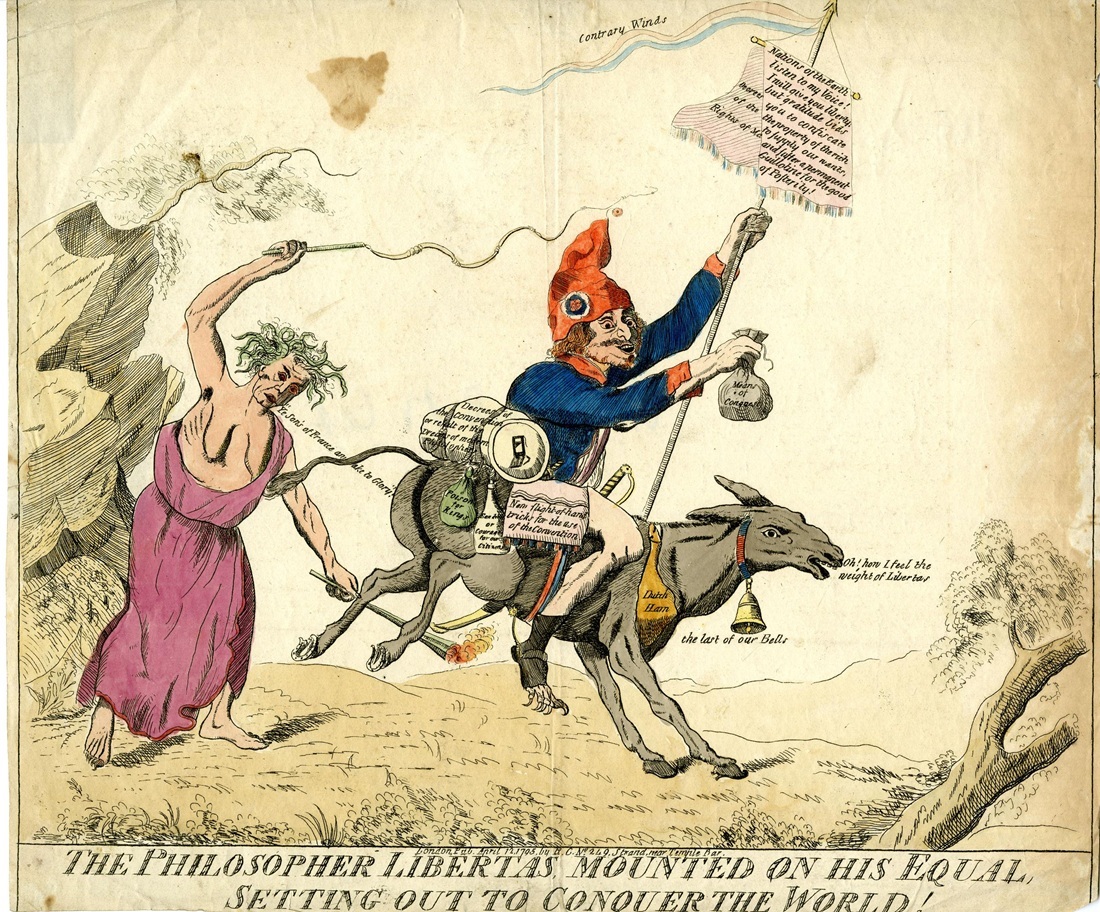 "The Philosopher Libertas Mounted on his Equal, Setting Out to Conquer the World!" a 1795 satirical print shows a man, likely Paine, riding an ass whipped from behind by a Medusa-headed harpy with a burning torch saying "Ye Sons of France awake to Glory!". The man carries a banner labelled 'Decrees of the Rights of Man' - © The Trustees of the British Museum 