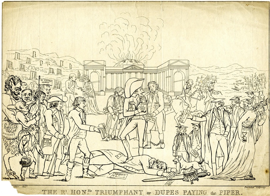 "The Rt Honble triumphant or dupes paying the piper" an anonymous 1795 political cartoon and a satire on the events of 1795 in Ireland. Two boys are wearing gown and stand beside the central character, one holding a book: 'Paine's Works'' - © The Trustees of the British Museum 