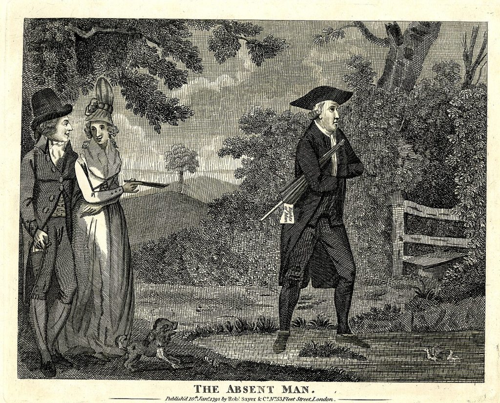 "The absent man" a 1792 anonymous etching shows a man walking absent-mindedly into a shallow pond. A paper inscribed 'Rights of Man' projects from his pocket, showing that he is absorbed in political contemplation. On the left a fashionably dressed couple point at him with amusement - © The Trustees of the British Museum