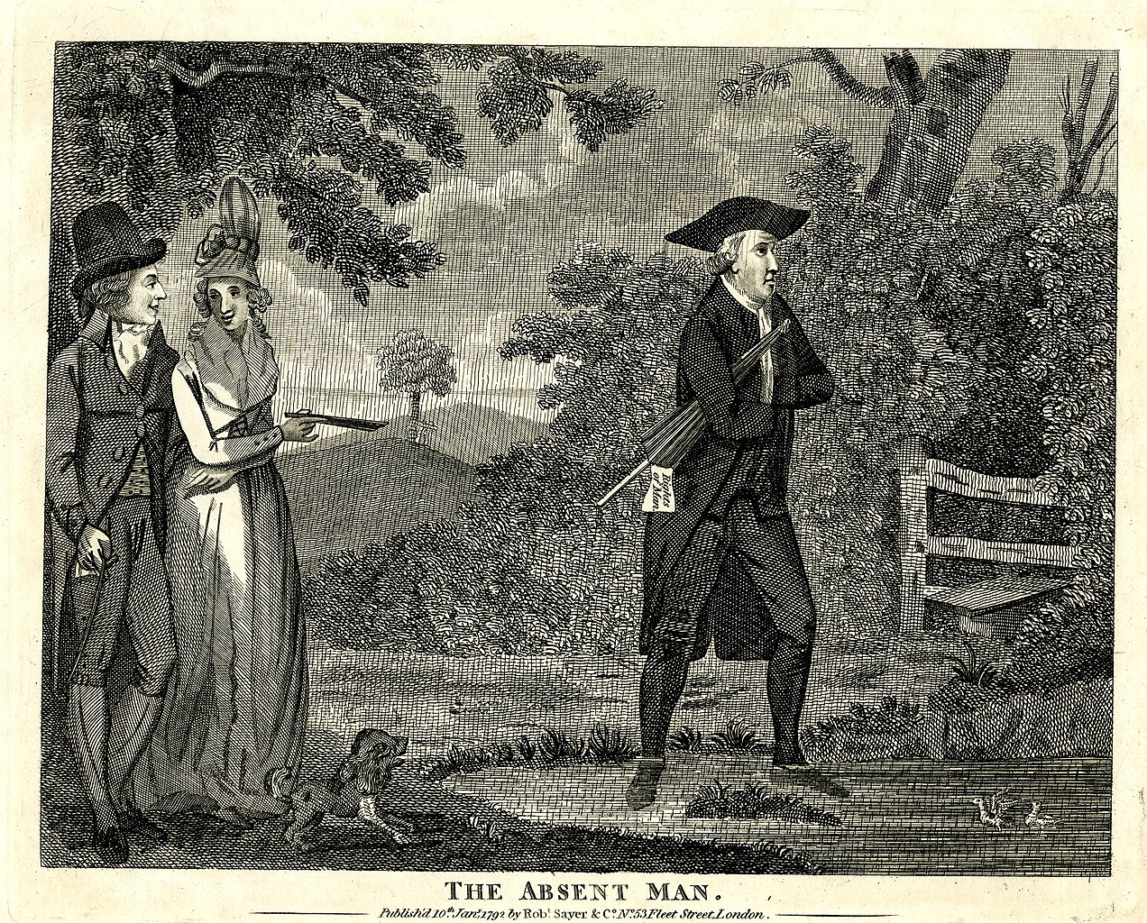 "The absent man" a 1792 anonymous etching shows a man walking absent-mindedly into a shallow pond. A paper inscribed 'Rights of Man' projects from his pocket, showing that he is absorbed in political contemplation. On the left a fashionably dressed couple point at him with amusement - © The Trustees of the British Museum