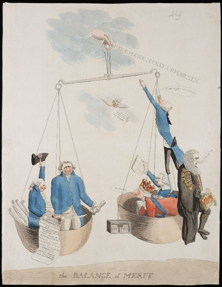 "The balance of merit" a 1792 anonymous graphic alluding to the Lord High Chancellor Edward Thurlow's impending dismissal and the introduction of Charles James Fox's Libel Bill. Paine's Rights of Man is among papers - Lewis Walpole Library at Yale University