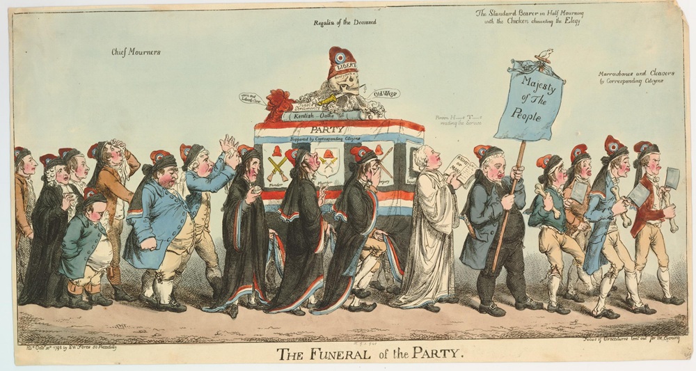 "The funeral of the party" is a 1798 print by Charles Williams satire on the plight of the Whig Party opposition, after Napoleon's victorious Battle of the Nile. Reformist English clergyman John Horne Tooke is seen holding open a copy of Paine's 'Rights of Man' - © The Trustees of the British Museum