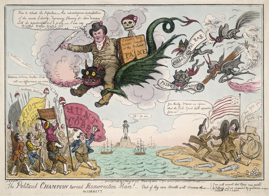 A 1819 political cartoon titled "The political champion turned resurrection man!" by Isaac Cruikshank shows William Cobbett flying astride a demon, bearing the bones of Paine from America to Europe. A group bearing liberty caps and banners, including Wooler as "The Black Dwarf", rejoices on one side and a group of Quakers on the other while Napoleon watches on.- © The Trustees of the British Museum