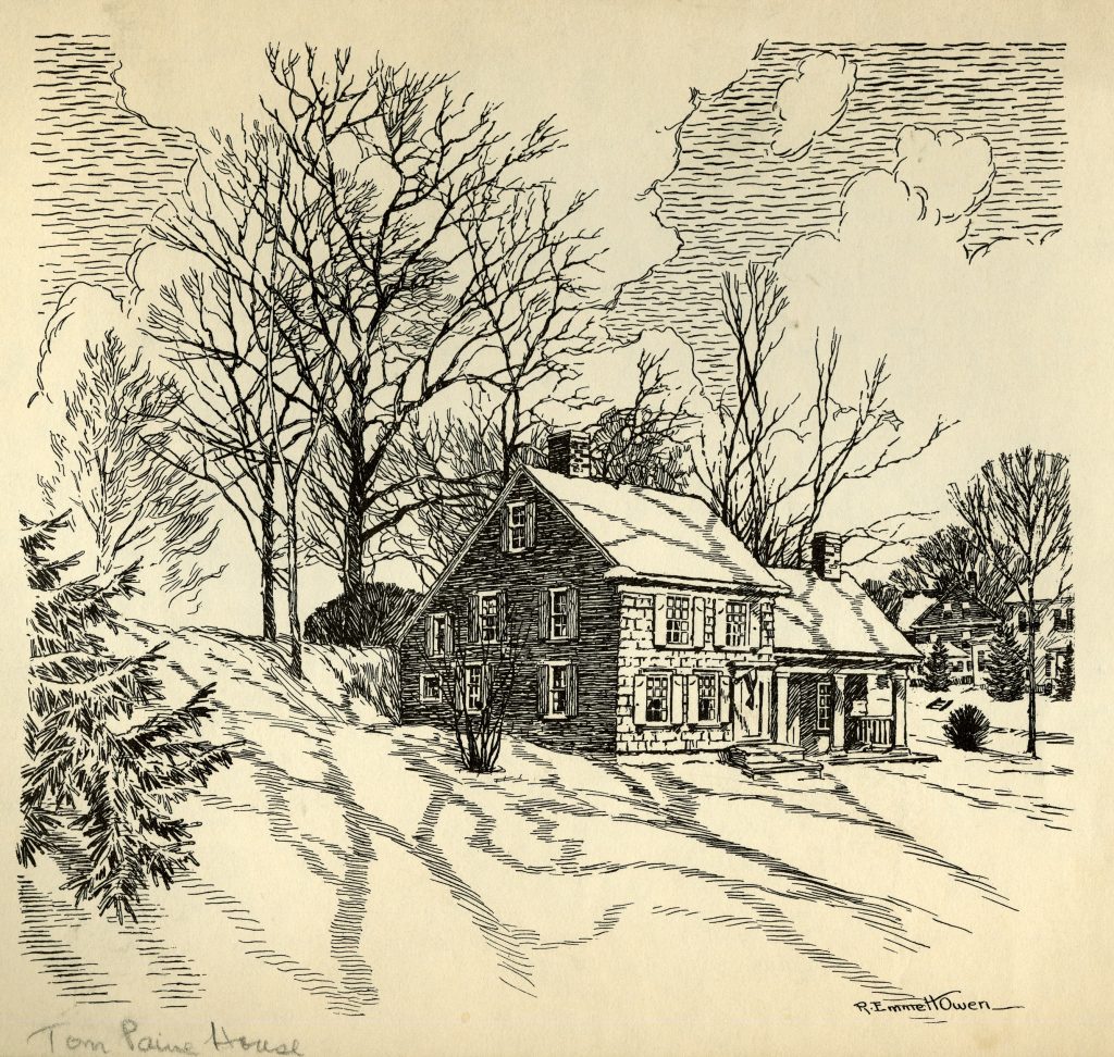 Thomas Paine Cottage engraving by Robert Emmett Owen - Photo courtesy of the Thomas Paine Cottage Museum