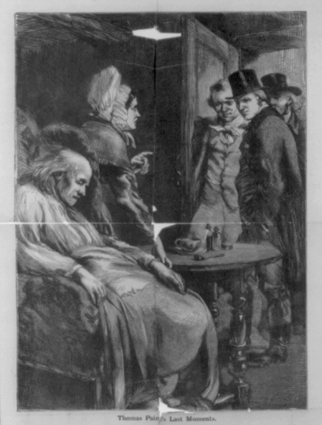 A 1809 American print titled “Thomas Paine’s Recantation!” or “Thomas Paine’s Last Moments” portraying a fictional scene of Paine on his deathbed seated in a chair with a woman, identified as Mary Roscoe (or Mary Hindsdale), at his side. Paine did not recant his beliefs on his deathbed; the image is propaganda circulated by his political and religious opponents – Library of Congress