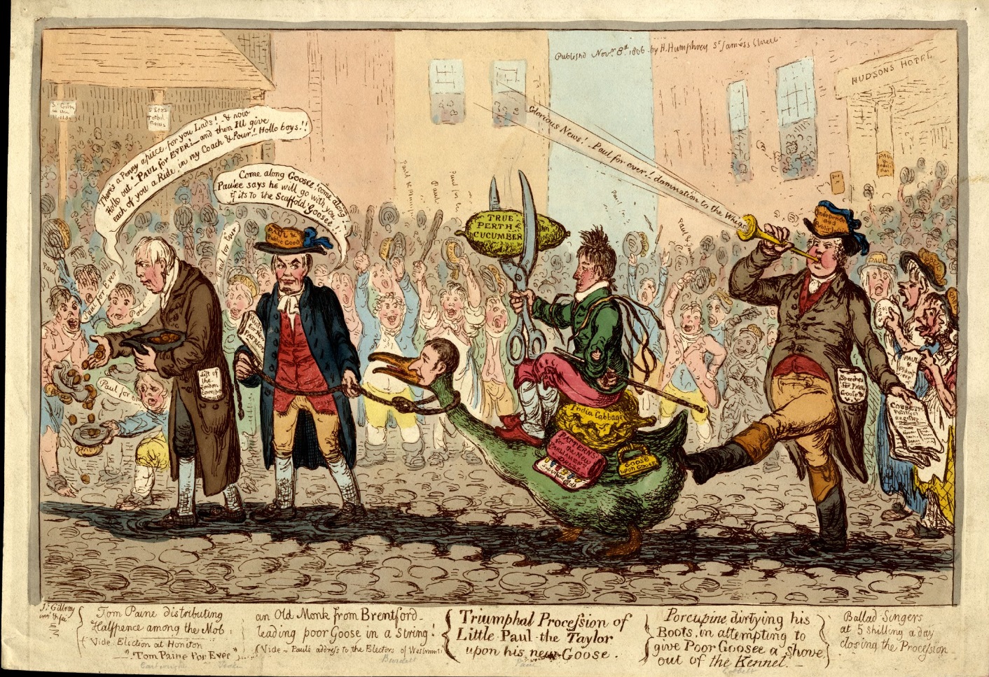"Triumphal Procession of Little Paul the Taylor upon his new Goose" a 1806 political cartoon by James Gillray showing an electoral procession for James Paull, riding on Sir Francis Burdett, who is depicted as a goose. The figure of William Bosville, distributing coins to the crowd, is identified as representative of Thomas Paine - American Philosophical Society