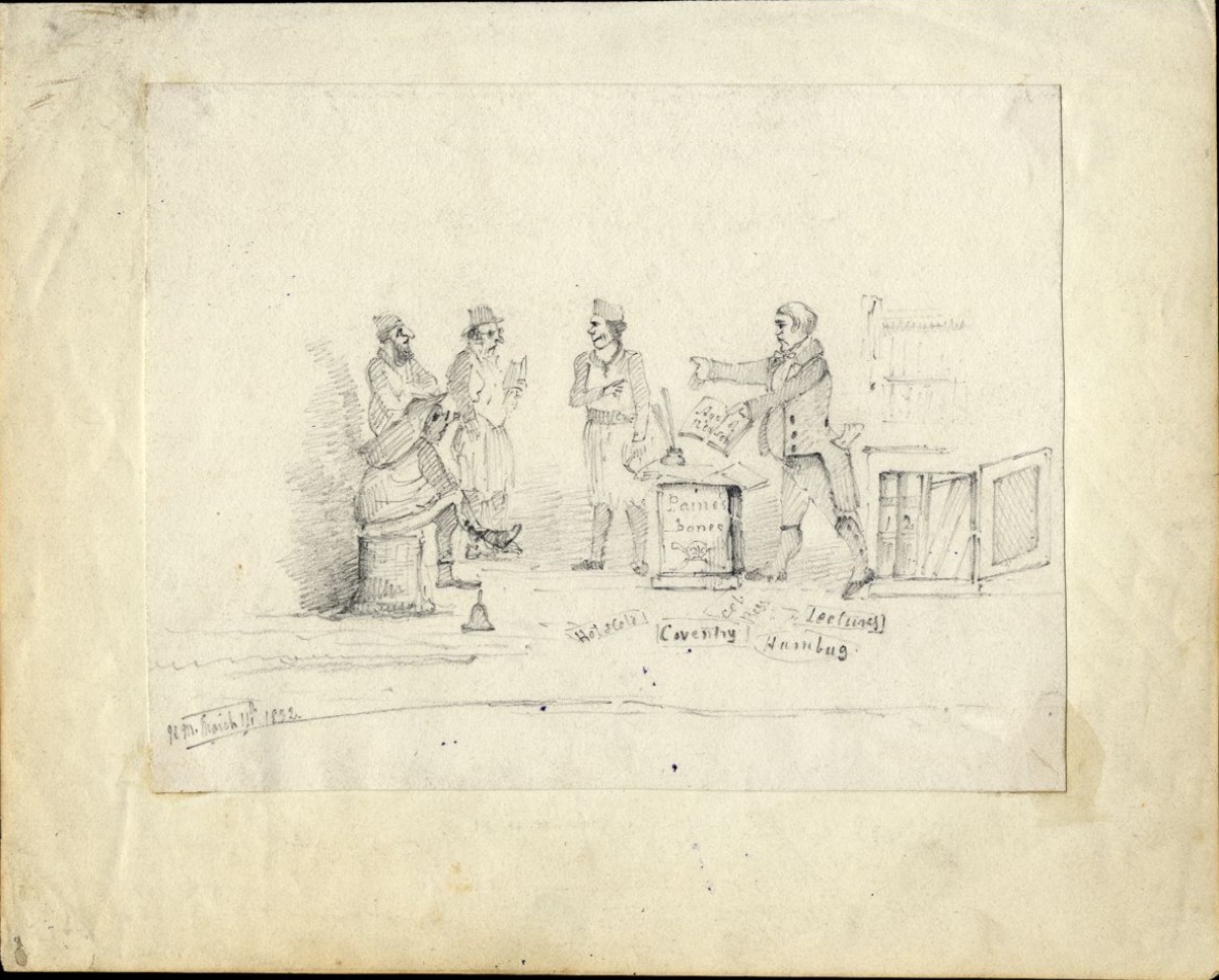 "Untitled pencil sketch" a 1832 sketch shows a man, possibly William Cobbett, showing a book inscribed "Age of Reason" to a group of listening figures. Papers and an inkwell stand on a table or lectern inscribed: "Paine's Bones". Two numbered volumes can be seen in an open bookcase behind him - American Philosophical Society.