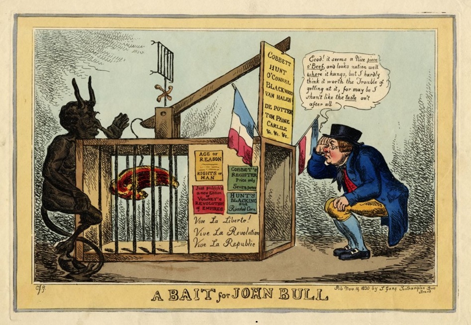 “Billy the bully, and ranting Dan” a 1830 political cartoon by Charles Jameson Grant shows the devil attempt to lure John Bull (a British equivalent of Uncle Sam) into a box trap papered with slogans, names and advertisements for The Age of Reason, Rights of Man and other publications – American Philosophical Society