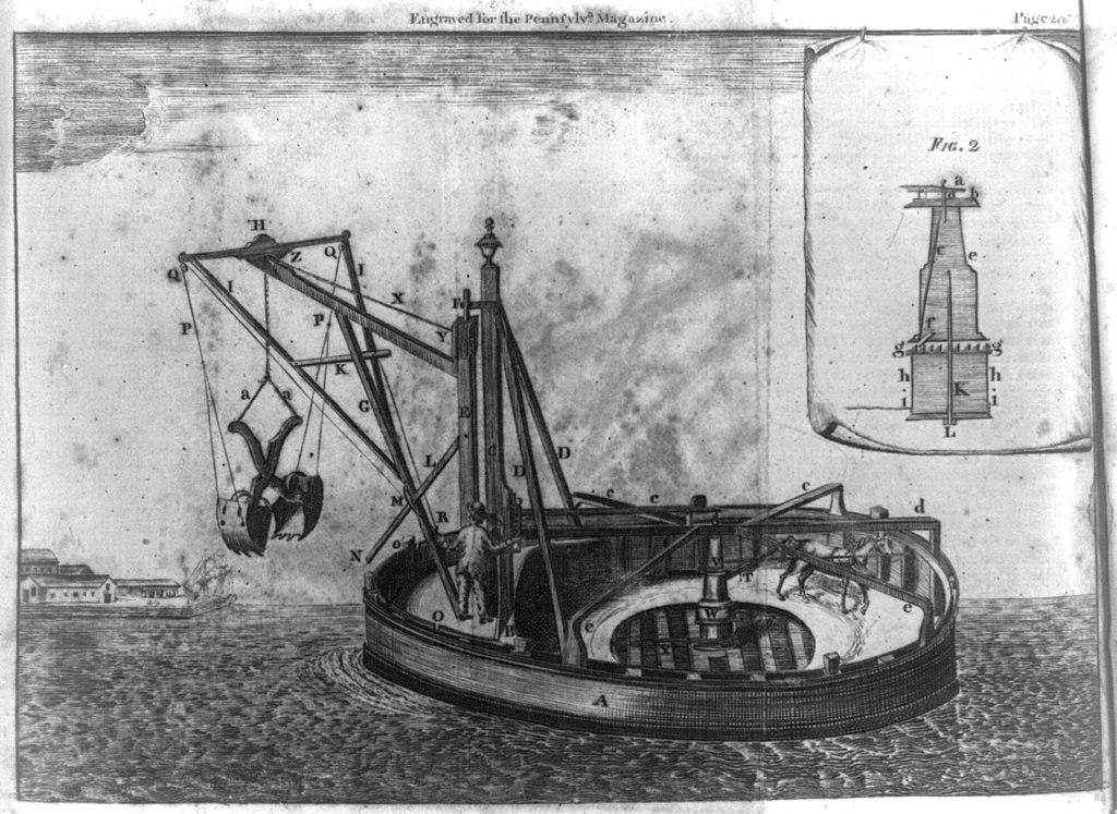 Invented by Arthur Donaldson in 1773, this historical dredging machine was described in detail in the May 1775 edition of The Pennsylvania Magazine, which featured an etching of the machine and an article written by Thomas Paine - King's Topographical Collection, British Library