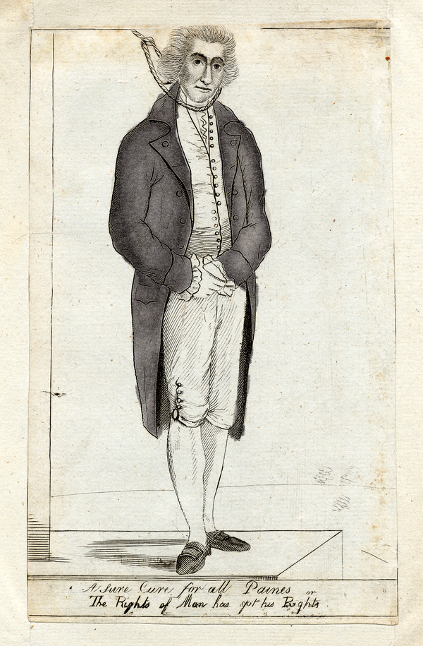 “A Sure Cure for all Paines” or “The Rights of Man has got his Rights” is a 1792 political cartoon showing Paine being hung – American Philosophical Society