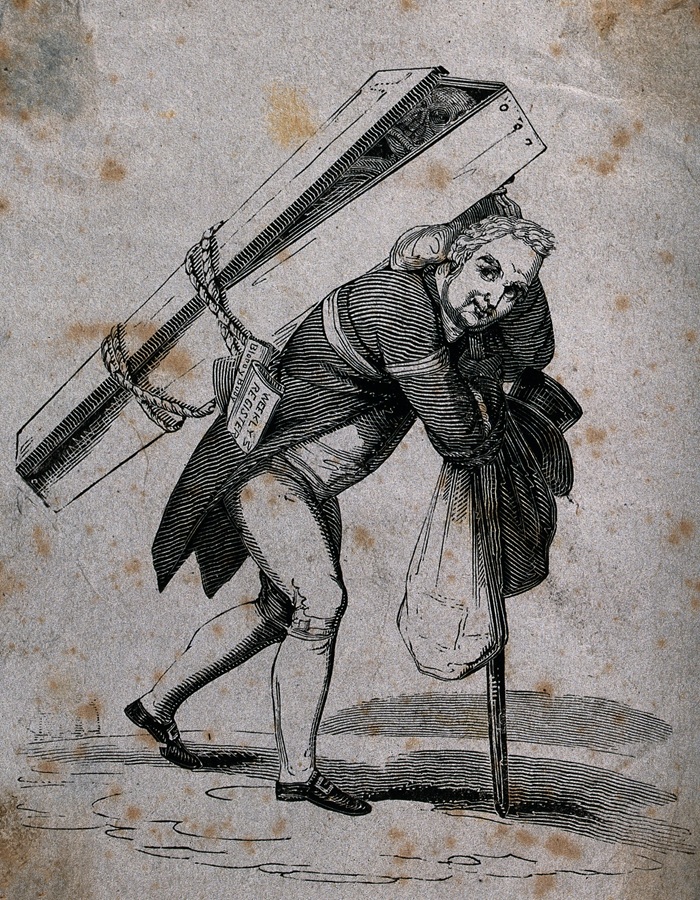 “Will Cobbett, with Thomas Paine’s bones” is an etching by James Sayers showing William Cobbett charicatured carrying the coffin of Thomas Paine on his back on his back. Image comes from the a collection of pamphlets, “1736–1829 Sammelbands including subjects on Famous Dwarfs, Pro-Tory, Anti-Jacobin, Anti-Thomas Paine Sentiment, etc.” – link