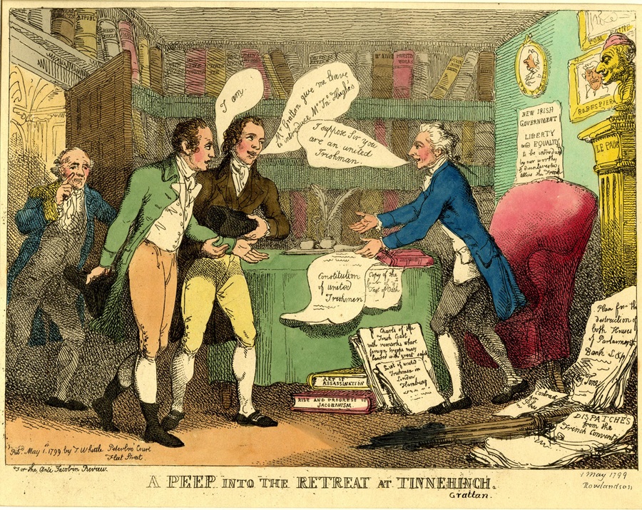 "A Peep into the Retreat at Tinnehinch" a 1799 political cartoon by Thomas Rowlandson alleging the individuals are engaged in Jacobinism and republicanism with a 'Constitution of United Irishmen' on the table. Paine's portrait and a book titled "Pain's Works" appear in the background - © The Trustees of the British Museum