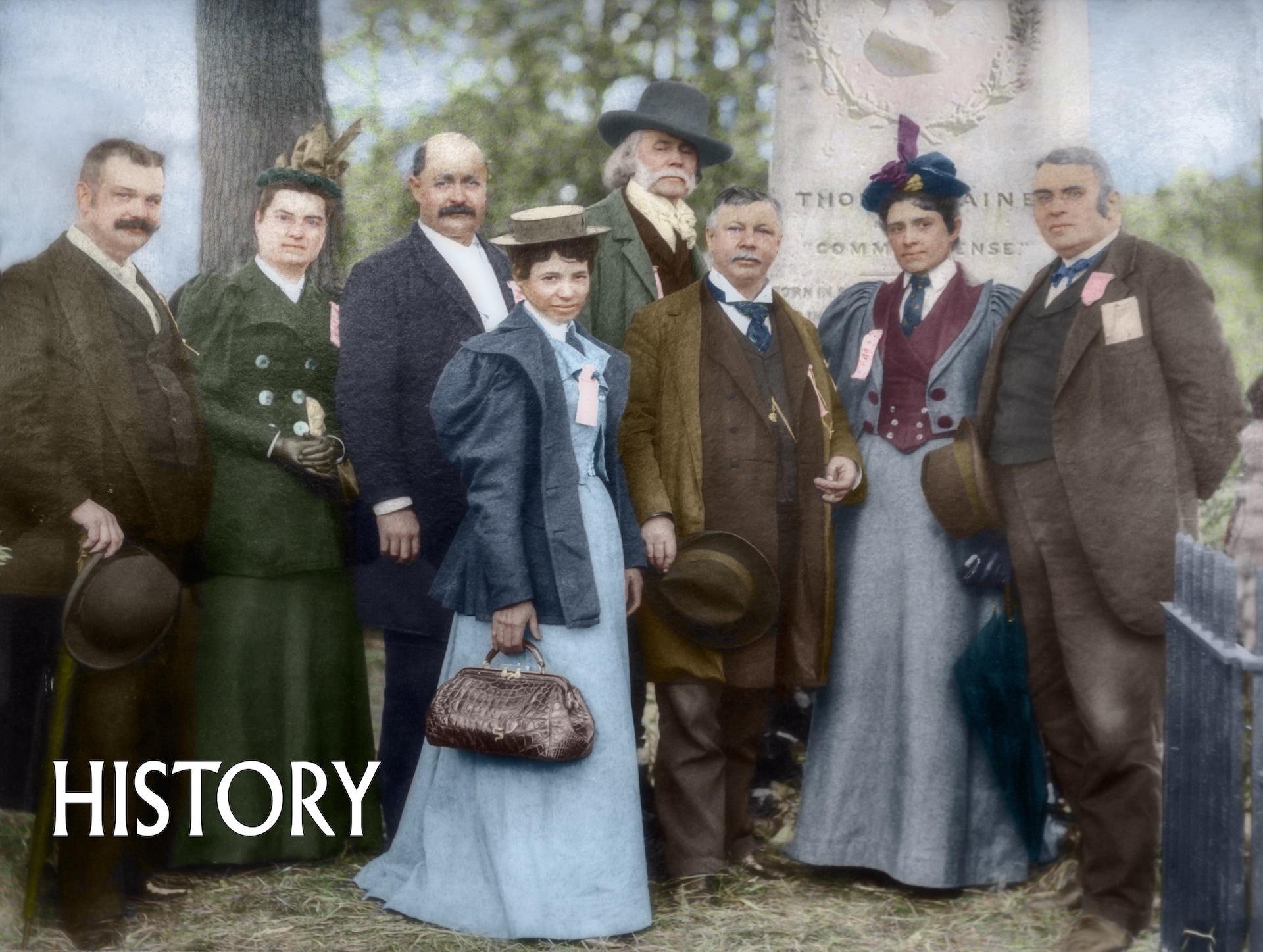 The TPNHA Board (now TPHA) from 1894, standing in front of the Paine Monument on North Avenue in New Rochelle, NY. On the right is Thaddeus Wakeman, a freethinker, professor, and noted philosopher, who took the lead in the creation of TPNHA. Also in the picture, in the rear wearing a hat, is Wilson MacDonald, the sculptor of the Paine bust on top of the Monument.
