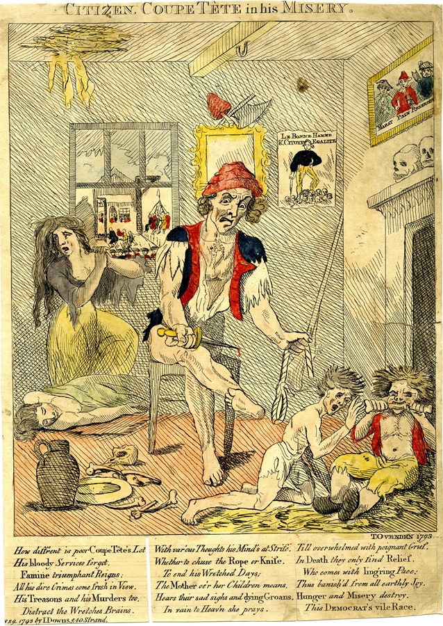 "Citizen Coupe tête in his misery" a 1793 political cartoon by Thomas Ovenden shows a ragged and almost naked lower-class Parisian republican sitting in his room surrounded by his starving family. On the chimney-piece are two skulls; above it is a print of three figures: "Marat, Pain, Robertspi[erre]" - © The Trustees of the British Museum