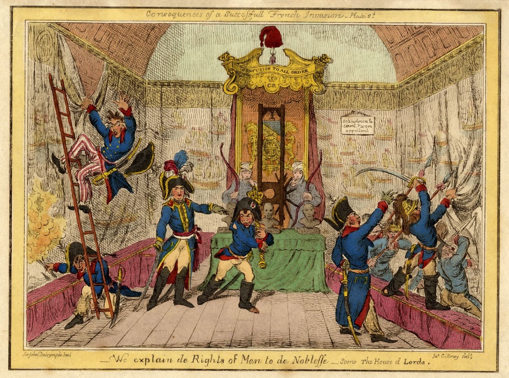 "We explain de Rights of Man to de Noblesse" is a 1798 satirical etching by James Gillray that is part of a series called "Consequences of a Successful French Invasion." The scene depicts the aftermath of a French invasion in the House of Lords, where nobles are being executed by a guillotine and a garrote - American Philosophical Society