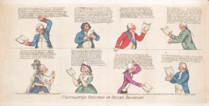 “Contrasted Opinions of Paine’s Pamphlet” is a 1791 intaglio by Frederick George Byron. Eight public figures are depicted reading excerpts from Rights of Man and reacting to them. Charles James Fox, Richard Brinsley Sheridan and Mary Wollstonecraft are the three supporters of Paine’s writings while the rest deplore them – American Philosophical Society
