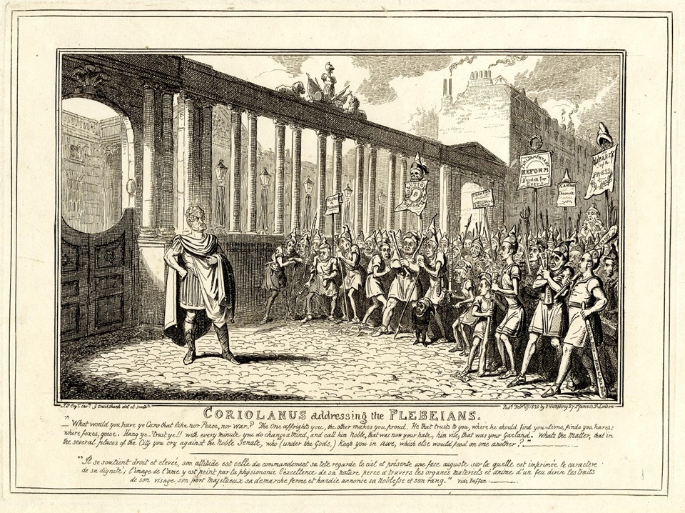 "Coriolanus addressing the plebeians" a 1820 cartoon by George Cruikshank showing England's George IV as legendary Roman leader Gnaeus Marcius Coriolanus. Figures in the crowd include one 'Deist' with a book, 'Age of Reason', under his feet and William Cobbett with Paine's skull and bones - © The Trustees of the British Museum
