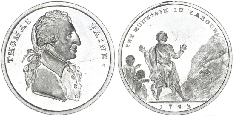 A 1793 medal with a draped bust of Thomas Paine bare head. The quotation "The Mountain in Labour" which in full is "The Mountains are in labour, an absurd mouse will be born", a quote from Roman poet Horace, presumably refers to his 'Age of Reason' - © The Trustees of the British Museum.