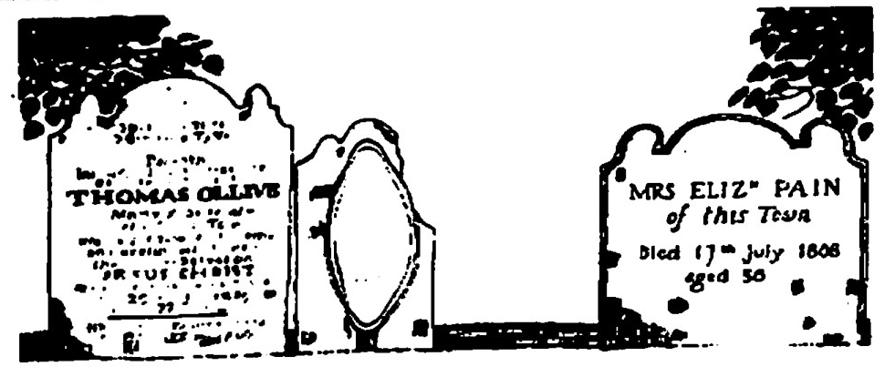 Grave of Thomas Ollive and his sister Elizabeth Paine, Thomas Paine’s second wife, who were married in March 1771. Eventually, Paine was forced into bankruptcy in 1774 and Elizabeth and Paine separated in June partly due to Paine’s long absences stemming from his work as an exciseman. Elizabeth died in Cranbrook on 17 July, 1808, and lies buried in the churchyard of St. Dunstan’s – Image from Thomas Paine Society UK Bulletin, 1999. Vol.4. No.2.