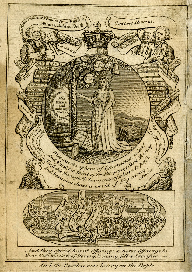This 1798 pro-Paine frontispiece from an unidentified pamphlet shows a circle enclosing emblems of liberty and reform surrounded by symbols of oppression. Liberty, holding her cap on a staff, stands under a tree whose fruits are: 'Religious Liberty', 'Universal Suffrage', and 'Annual Parliaments'. Large volumes at her feet include 'Rights of Man' - © The Trustees of the British Museum