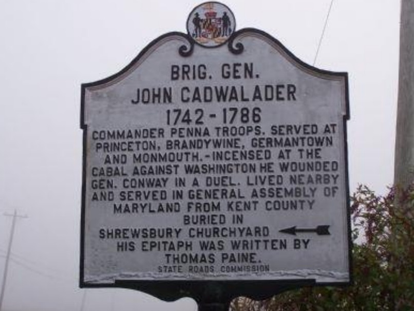 A plaque marking the way to the tombstone of General John Cadwalader, commander of Pennsylvania troops who personally served at the battles of Brandywine, Germantown and Monmouth. As the plaque indicates, his glowing epitaph was written by Thomas Paine, a friend - King's Topographical Collection, British Library