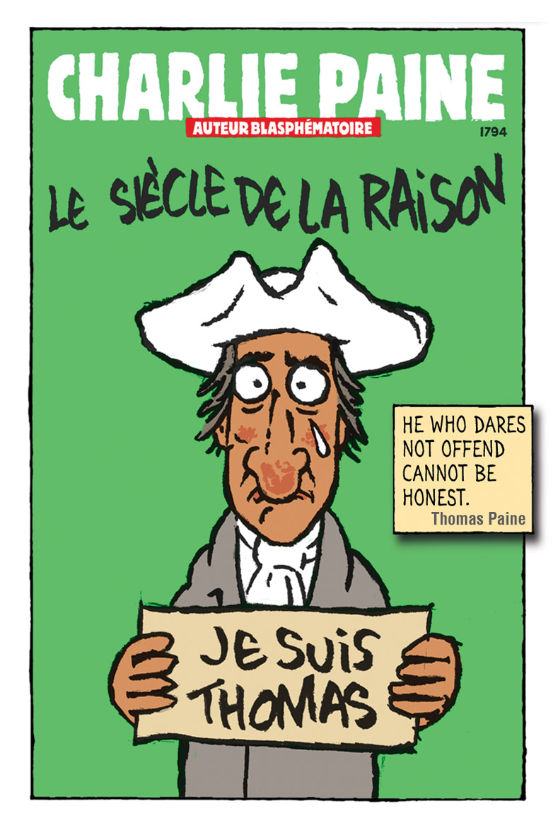 "Hebdo" by 'Polyp', from his 2022 verbatim graphic novel 'PAINE: a fantastical visual biography'. This echoes the similarities between how Paine was threatend with the death penalty for blasphemous libel, because of the contents of 'The Age of Reason', and how the Charlie Hebdo cartoonists were punished with death for their blasphemy - PAINE: a fantastical visual biography