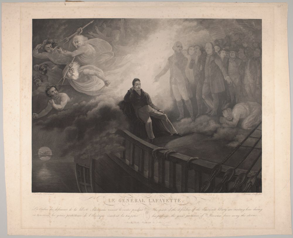 "Le Général Lafayette" a 1825 symbolic painting by Jean Auguste Dubouloz shows Marie-Joseph Paul Yves Roch Gilbert du Motier, Marquis de La Fayette's return trip to France on the frigate Brandywine after his farewell tour of America. According the the inscription, "The spirits of the defenders of the Américaine liberty are visiting him during his passage" including Washington, Franklin and Paine - Lafayette Digital Repository