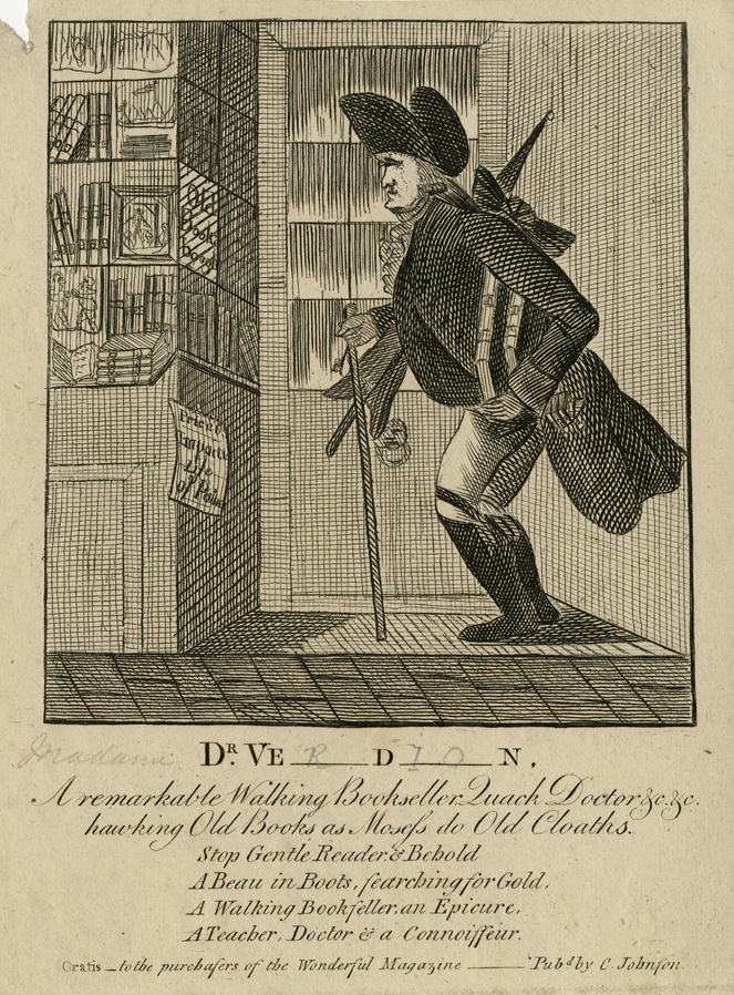 "Theodora de Verdion" a political cartoon (c.) 1794 with German-born bookseller shown stooping. A placard hangs outside the window: 'Price 6 \ Imparti[al] Life of Paine.' (A pamphlet, 'Impartial Memoirs of the Life of Thomas Paine', was published in 1793.) - © The Trustees of the British Museum