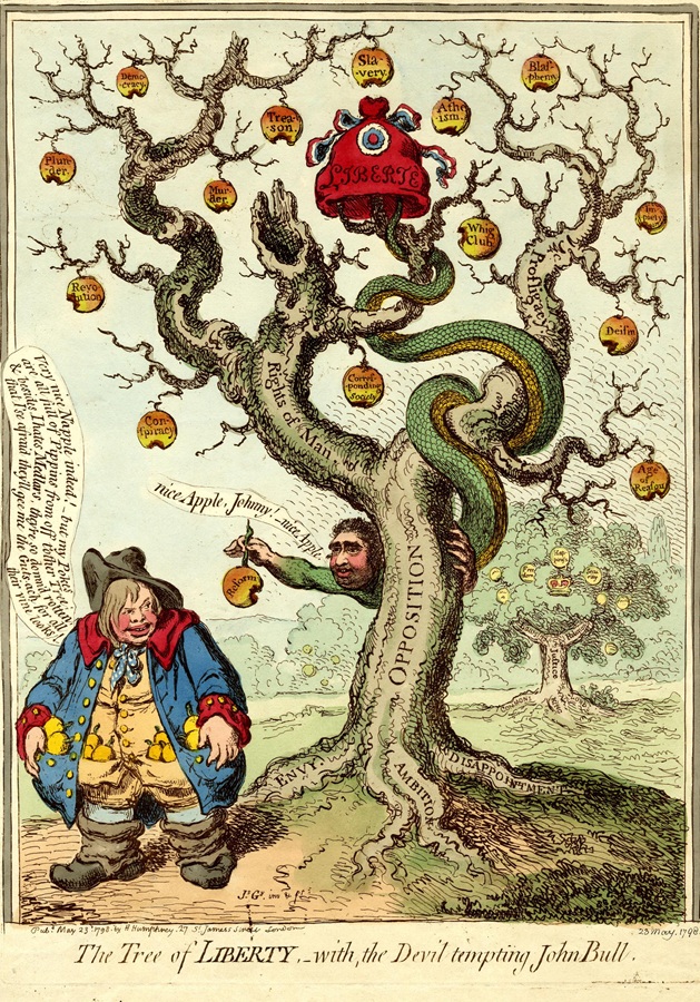“The tree of Liberty,-with, the Devil tempting John Bull” a 1798 political cartoon by James Gillray with Bull (a British equivalent of Uncle Sam) tempted by a decayed oak-tree twined with a serpent. Among the main branches are Paine’s ‘Rights of Man’ and ‘Age of Reason’ – © The Trustees of the British Museum.