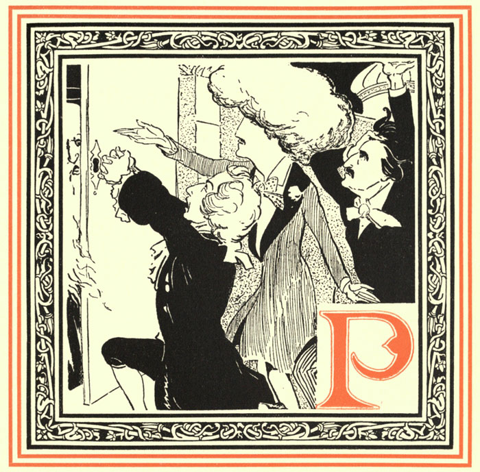 A 1899 cartoon from an illustrated alphabet book by Oliver Herford called 'An alphabet of celebrities' shows a character looking through a keyhole to Thomas Paine, Ignacy Jan Paderewski, and Edgar Allen Poe - Project Gutenberg