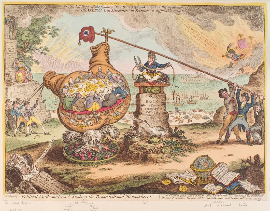 "Political mathematician's, shaking the Broad Bottom'd hemispheres" a 1807 political cartoon by James Gillray featuring Sir Francis Burdett, John Horne Tooke, William Cobbett and Thomas Paine. Courtesy of the National Portrait Gallery, England - © The Trustees of the British Museum