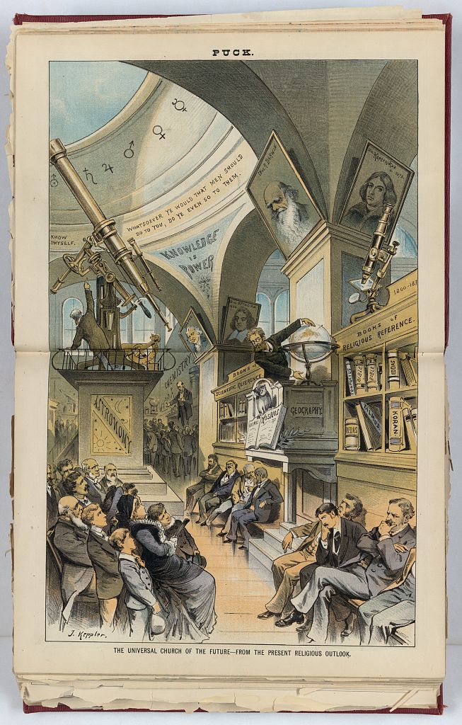 "The universal church of the future - from the present religious outlook" a 1883 illustration by Joseph Keppler and Adolph Schwarzmann envisioning a future where religion and science were one. Men sit beneath a shelf of "Books of Religious Reference". Portraits of Nicolaus Copernicus, Charles Darwin, Benedictus de Spinoza, and Thomas Paine hang above - Library of Congress