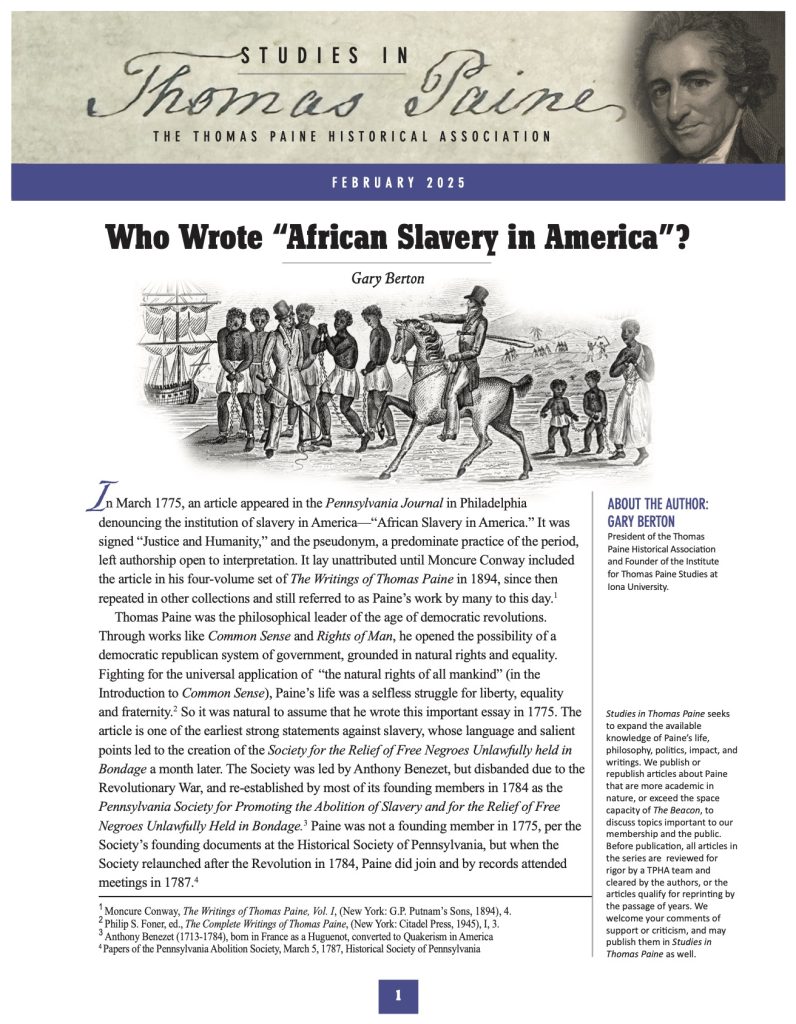 Studies in Thomas Paine, February 2025 - Who Wrote "African Slavery in America"?