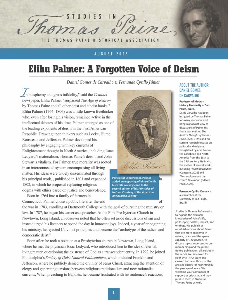 Studies in Thomas Paine, August 2025 - Elihu Palmer: A Forgotten Voice of Deism