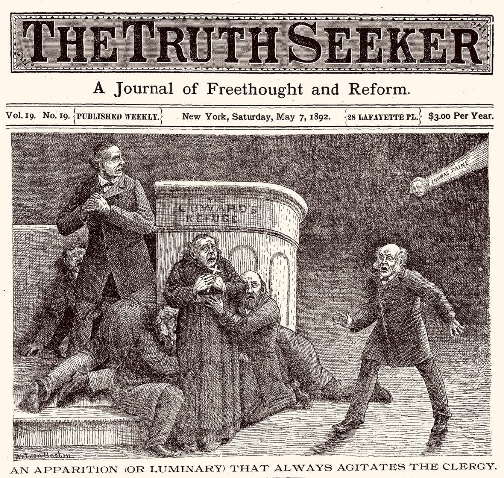 A September 15th, 1892 Watson Heston illustration from the front page of the Truth Seeker magazine.