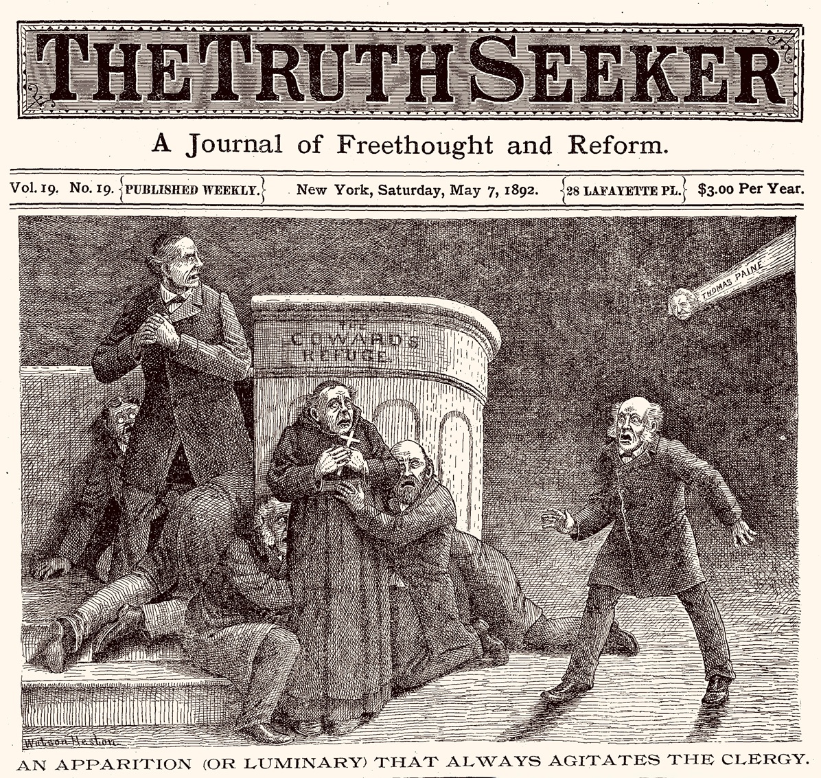 A September 15th, 1892 Watson Heston illustration from the front page of the Truth Seeker magazine.