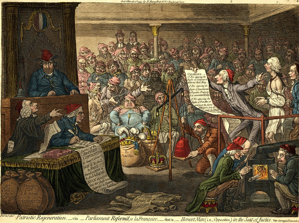 "Patriotic regeneration,-viz.-parliament reform'd, a la Francoise" a 1795 satirical political cartoon by James Gillray. The interior of the House of Commons during the denunciation of William Pitt the Younger. The books on the table include "Rights of Man" - © The Trustees of the British Museum 
