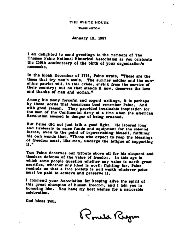A January 12, 1987 letter from President Ronald Reagan to the Thomas Paine National Historical Association on the 250th anniversary of the birth of Thomas Paine.