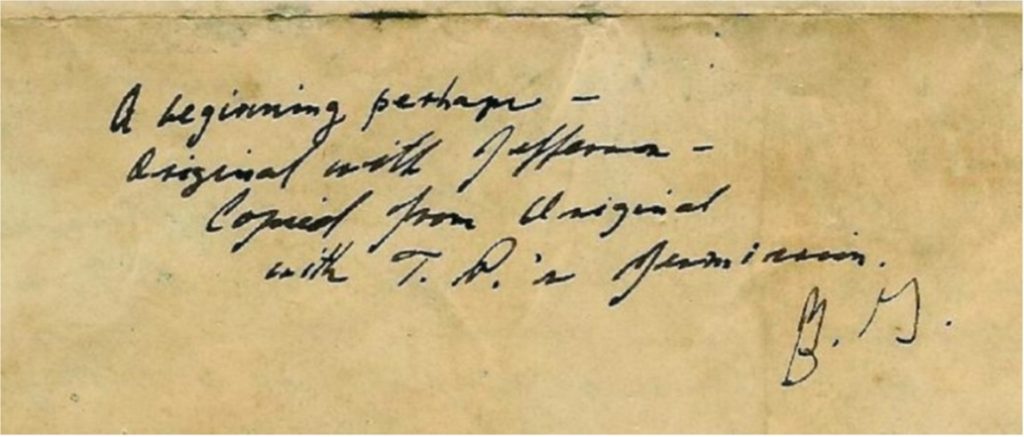 An inscription on Roger Sherman’s draft copy of the Declaration of Independence that potentially demonstrates Thomas Paine’s direct influence and involvement in its creation. The inscription reads, "A beginning, perhaps—original with Jefferson—copied from the original with T.P.’s permission" - Designed by Mathieu Gauthier-Pilote