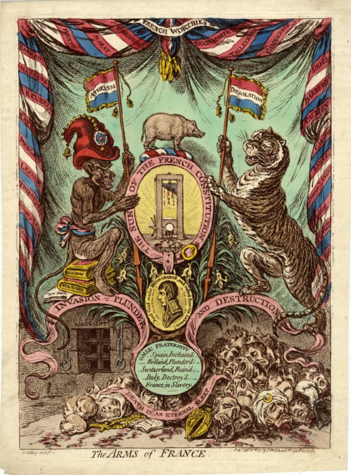 "Napoléon Bonaparte ('The arms of France')" is an 1803 cartoon by James Gillray mocking the heraldry for Napoleon's France. An ape and a tiger support an oval containing a guillotine. The ape is seated on volumes by Rousseau, Voltaire and a pamphlet by Paine - American Philosophical Society