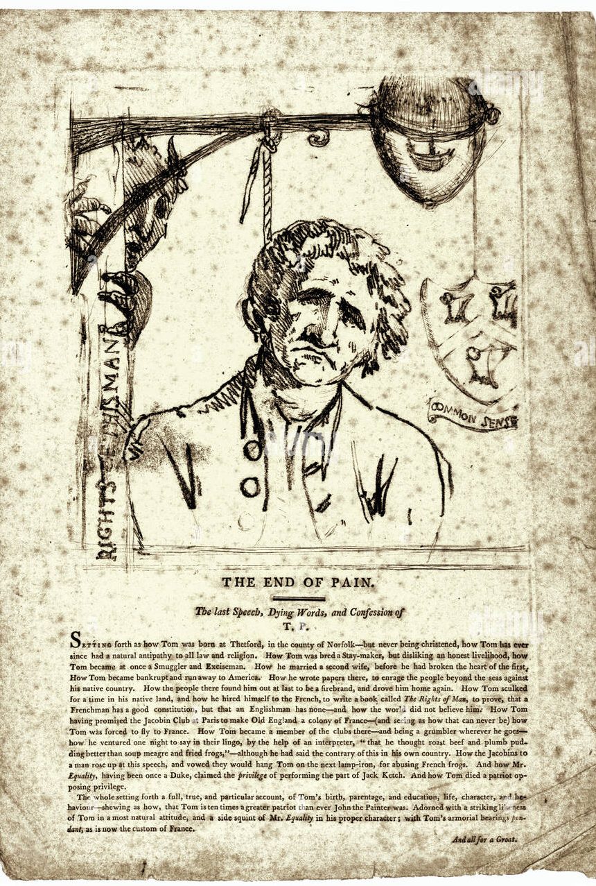 "The End of Pain" is a 1793 British political cartoon suggesting hanging as a solution to Paine's political pamphleteering in England's affairs - © The Trustees of the British Museum