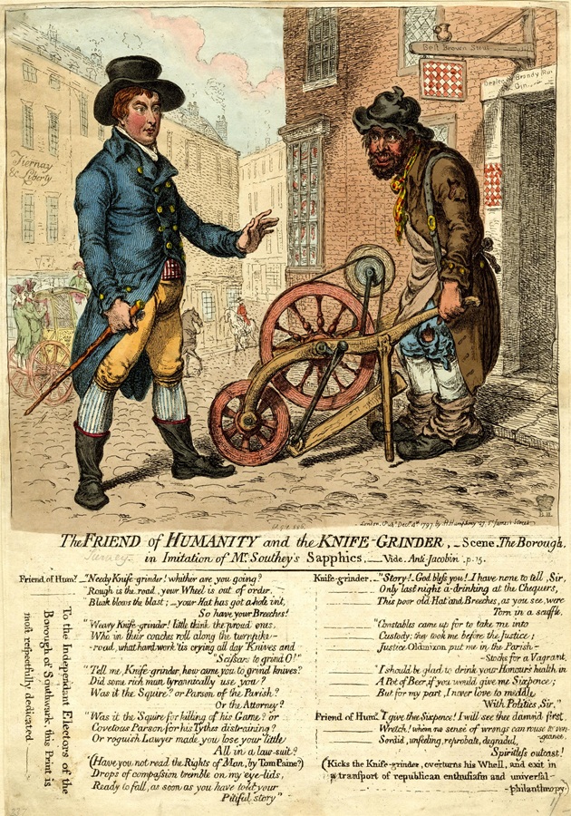 "The friend of humanity and the knife-grinder" a 1797 political cartoon by James Gillray shows the 'friend of humanity' saying in part to the knife-grinder: "Have you not read the Rights of Man, by Tom Paine?" - © The Trustees of the British Museum