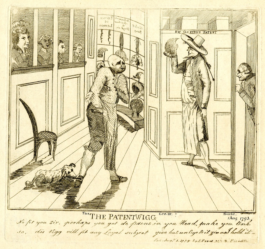 "The patent wigg" a 1793 political cartoon by Isaac Cruikshank is satire on the Whig party accusing them of being influenced by the republican doctrines of Paine. The captions reads in part "No fit you Zir, perhaps you got de Paine in you Head" - © The Trustees of the British Museum